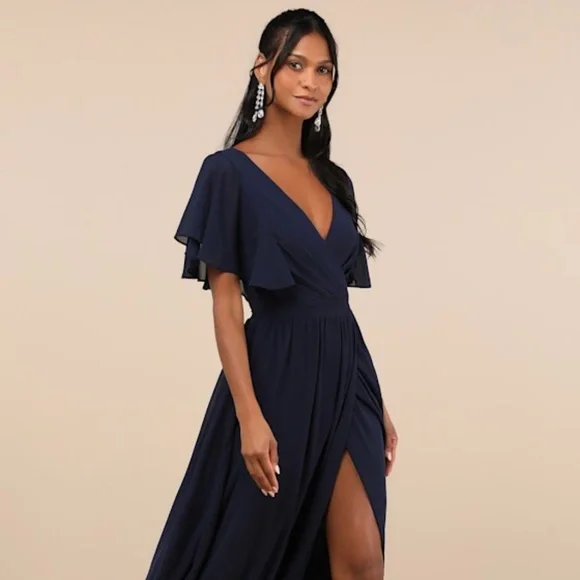 knee length dresses for ladies Ever-Pretty High-Waisted Chiffon High Slit Maxi Dress with V-Neck and Elegant Ruffles main image 1